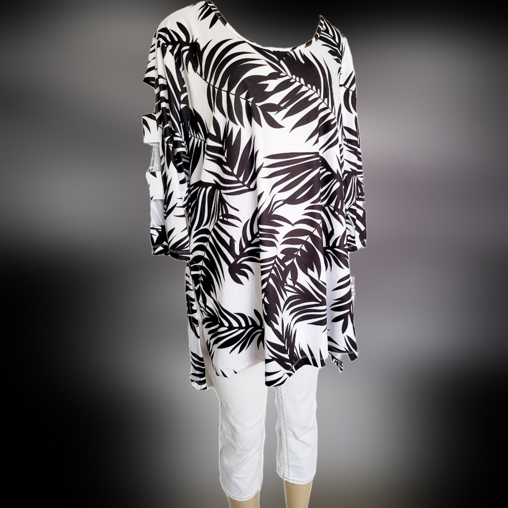 Petsche Women Tropical Tunic CutOut Sleeves Travel/Vacation Stretchy White/Blk L